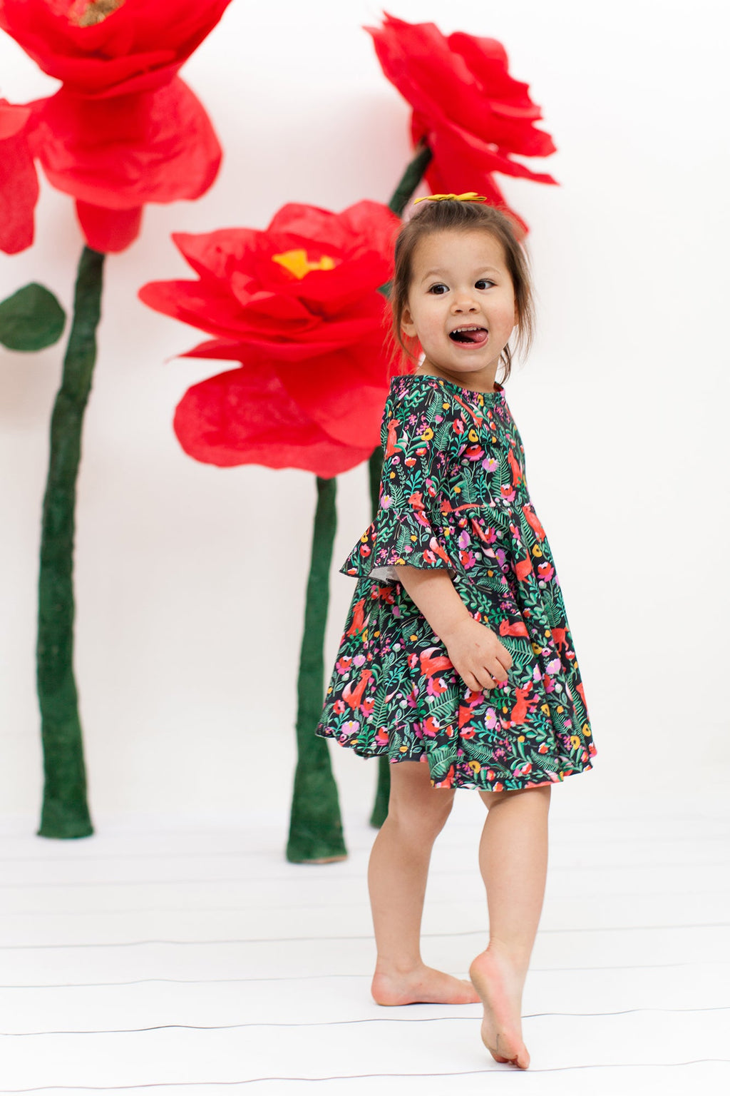 Frill sleeve twirl dress in fox floral